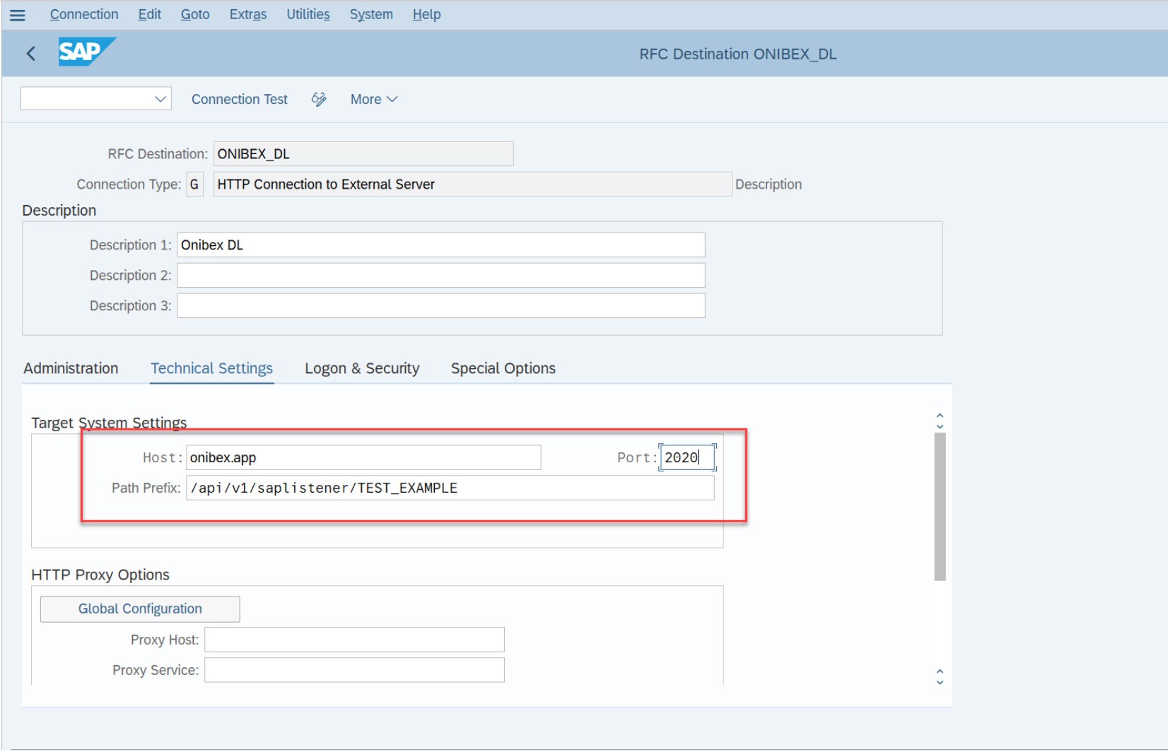 Completed Technical Settings with host, port, and path prefix