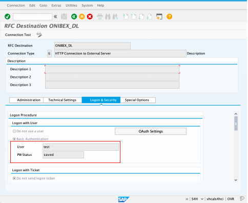 Logon and Security tab with user and password fields
