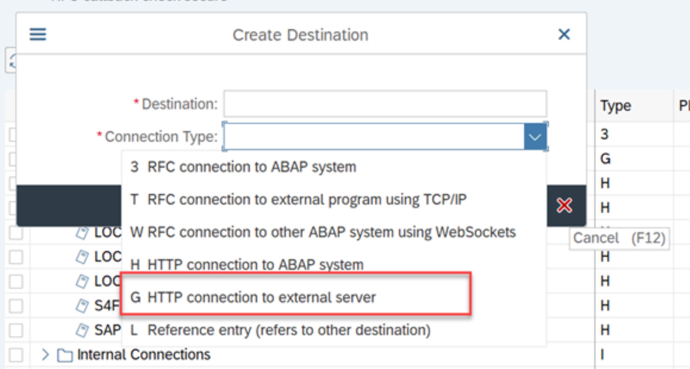 Form to define RFC destination name and connection type G - HTTP